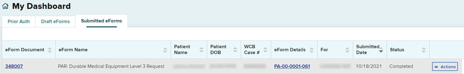 Submitted eForms Dashboard