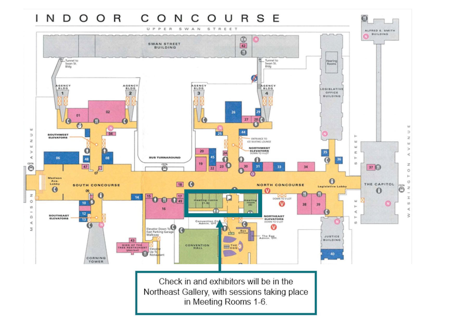 Check in and exhibitors will be in the Northeast Gallery, with sessions taking place in Meeting Rooms 1-6