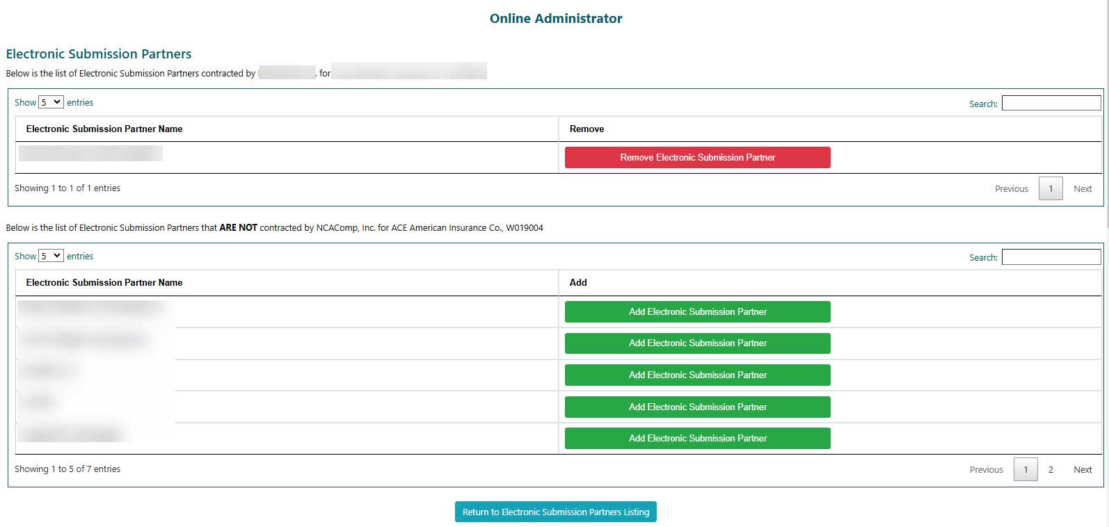 Electronic Submission Partners screen, Add/Modify Electronic Submission Partner button highlighted