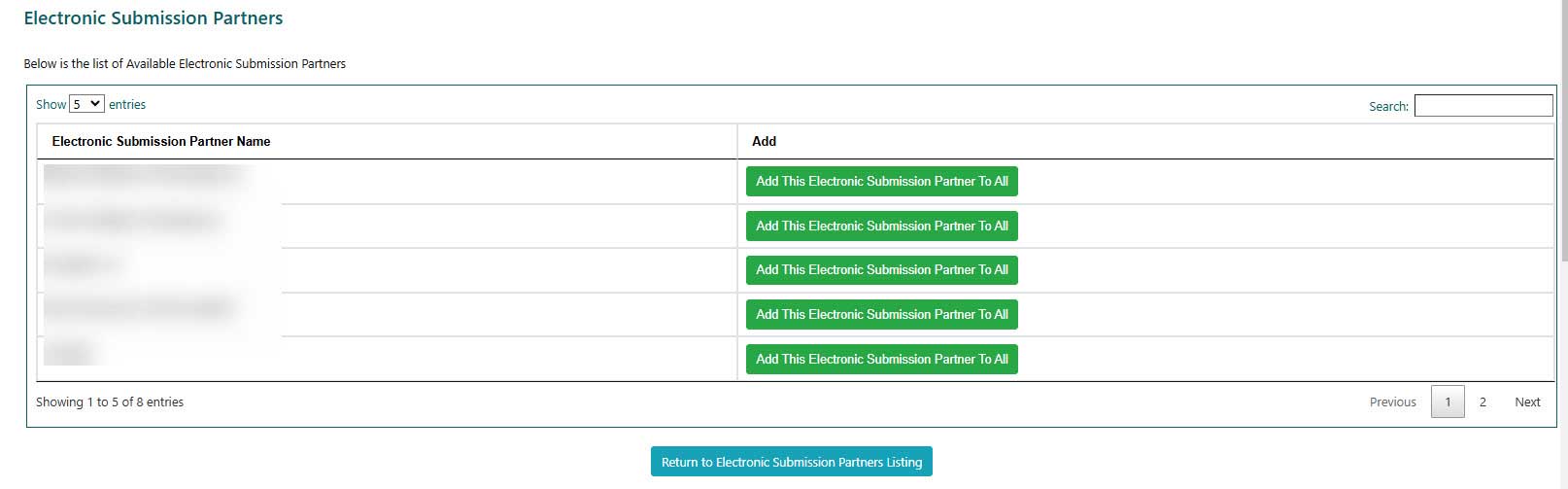 Electronic Submission Partners screen, Add Electronic Submission Partner to All button highlighted