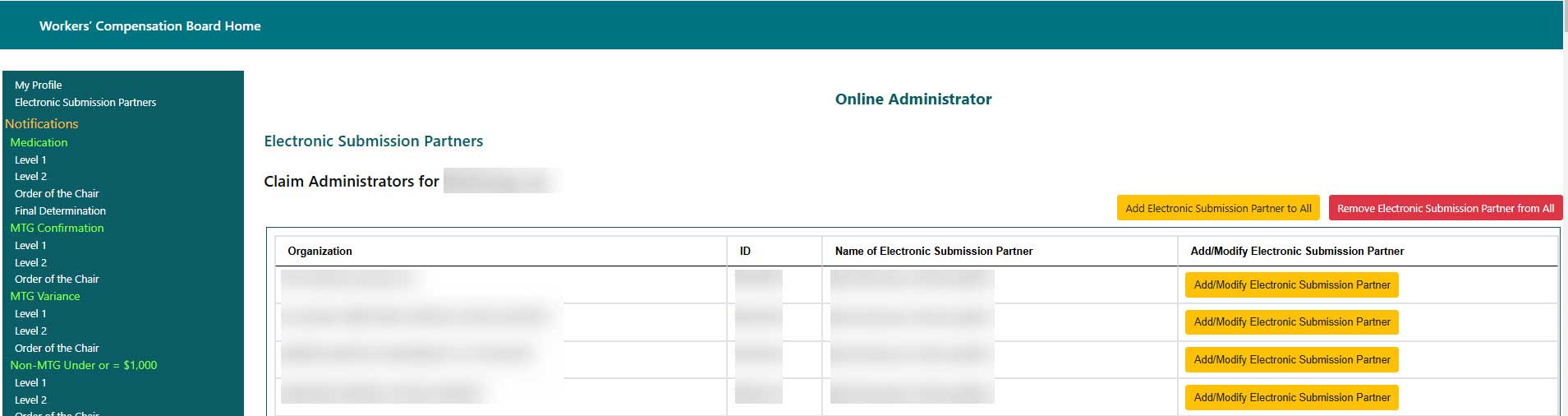 Electronic Submission Partners screen, Add/Modify XML Submission Partner button highlighted