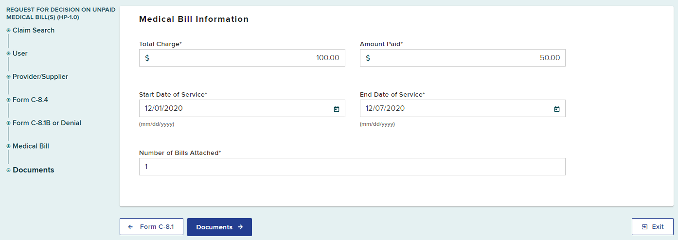 Medical Bill Information screen