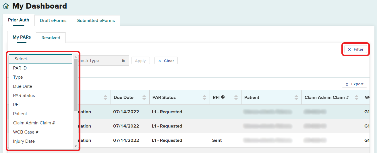 Dashboard filter button and dropdown list of filter options