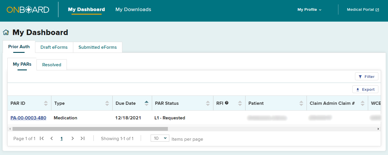 Prior Auth My PARS tab with medication PAR in bolded row