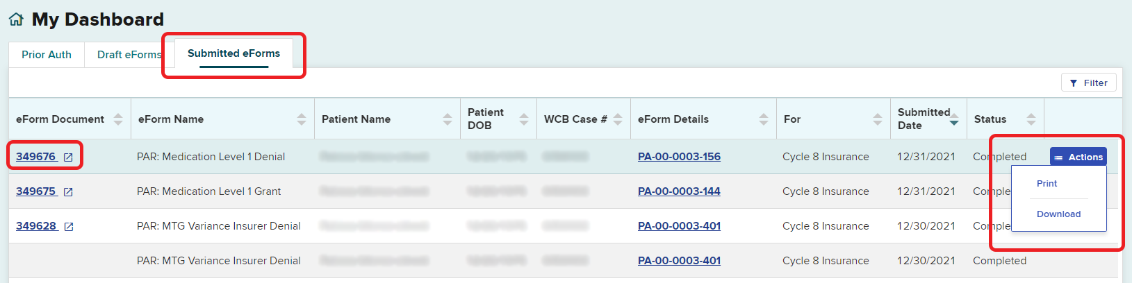 Submitted eforms PAR row