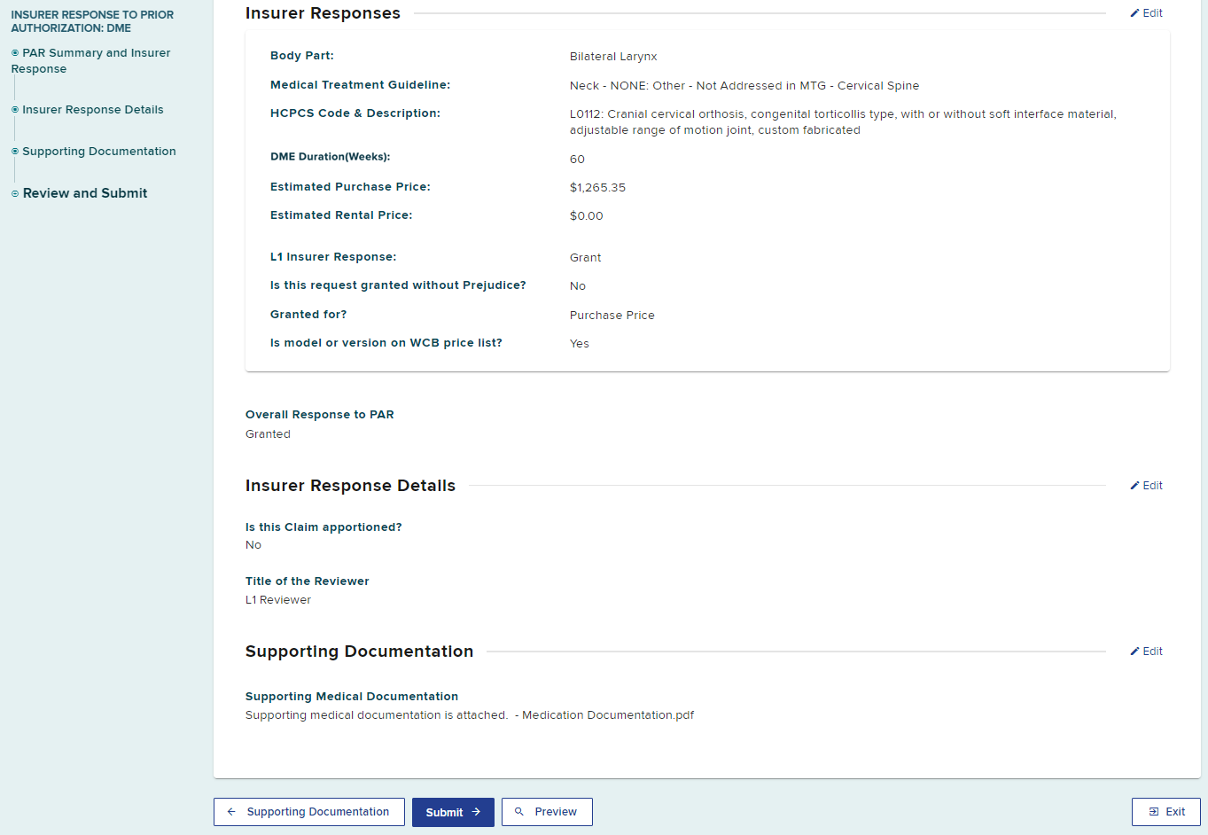 Insurer response details