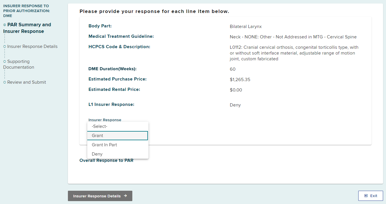 Insurer response dropdown