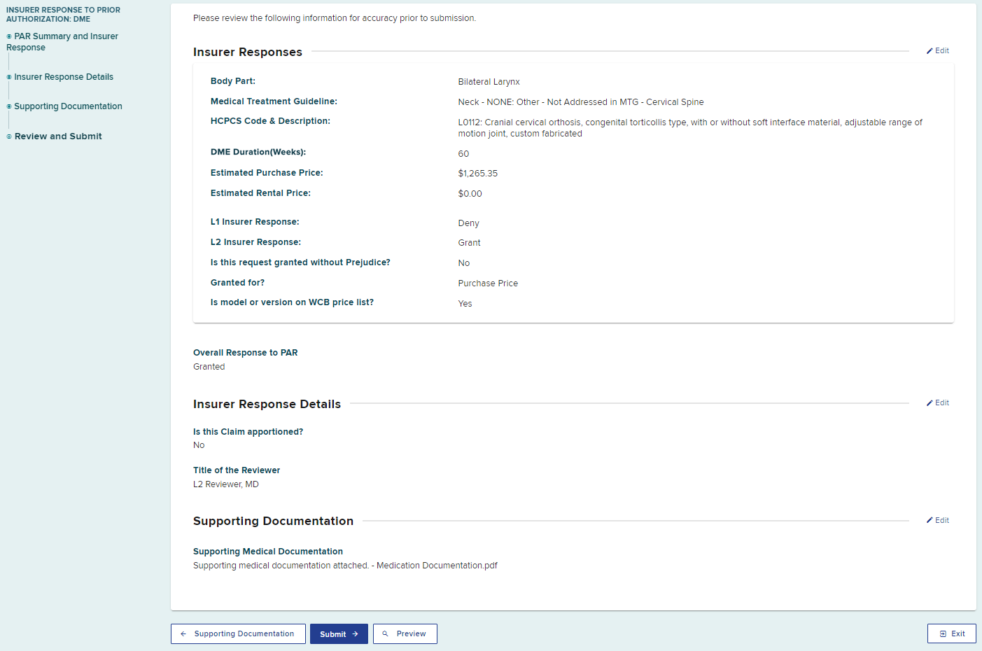 Insurer response details