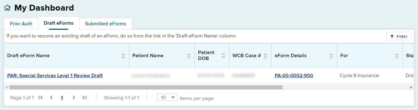 Draft eforms tab