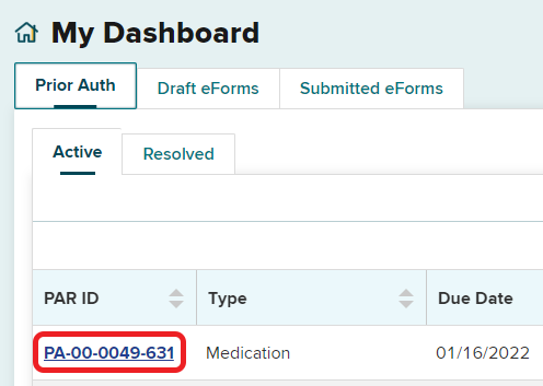 My Dashboard PARs PAR ID Link