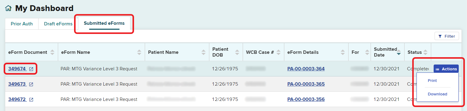 Submitted Eforms Actions