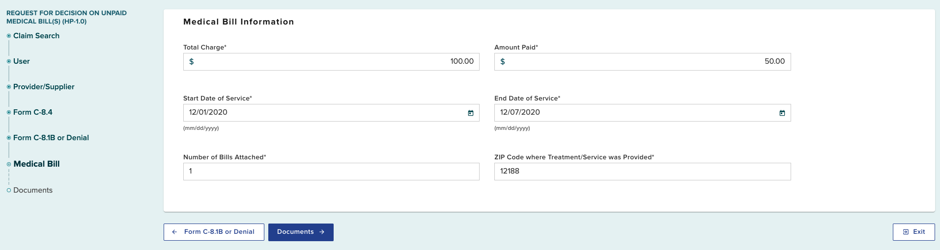 Medical Bill Information screen