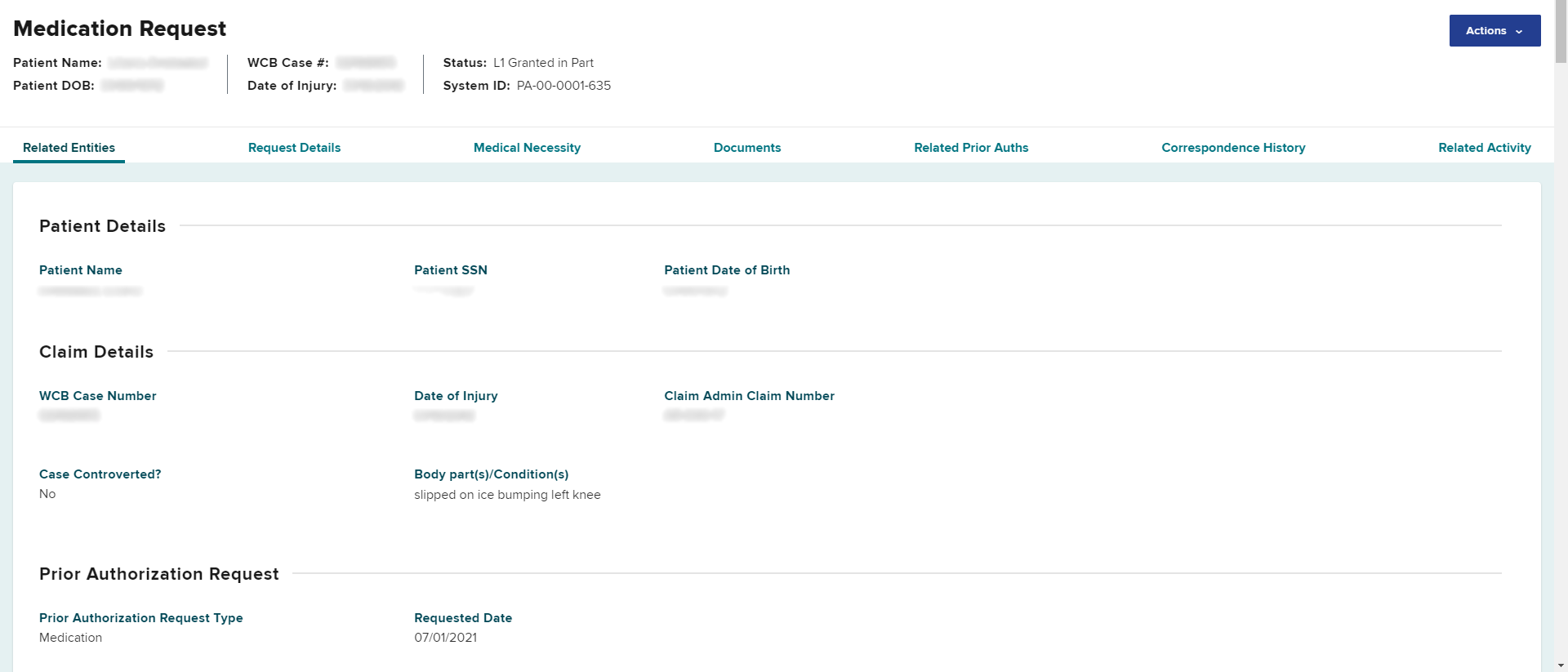 Medication PAR Details Page Action Button at top right of page