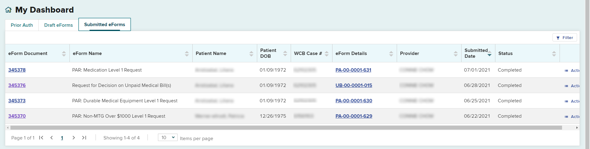 Dashboard Submitted eForms